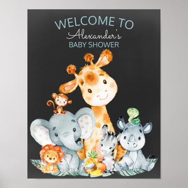 Chalkboard Watercol Cute Safari Jungle Baby Shower Poster (Framsidan)