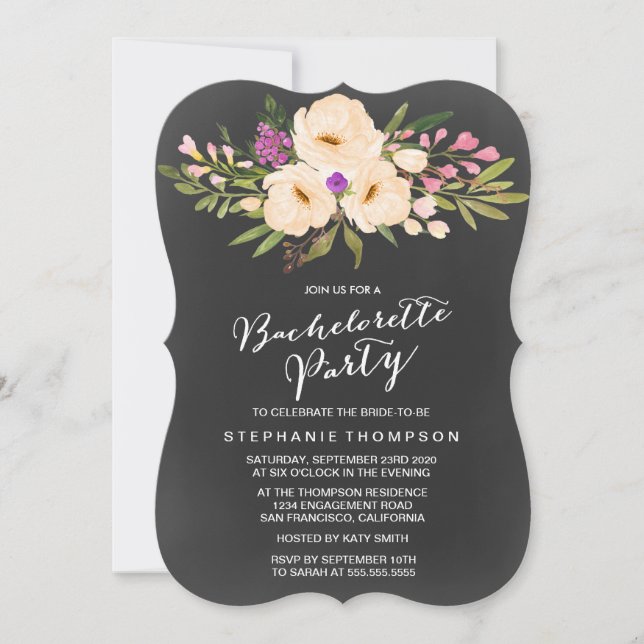 Chalkboard Watercolor Anemones Bachelorette Party Inbjudningar (Framsida)