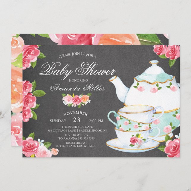 Chalkboard Watercolor Blommigt Tea Baby Shower Inbjudningar (Fram/baksida)