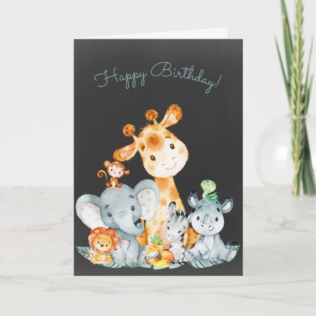 Chalkboard Watercolor Cute Jungle Animals Birthday Kort (Framsida)