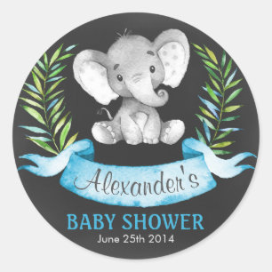 Chalkboard Watercolor Elephant Boy Baby Shower Runt Klistermärke