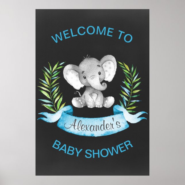 Chalkboard Watercolor Elephant Boy Shower Poster (Framsidan)