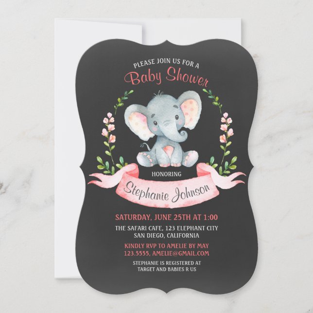 Chalkboard Watercolor Elephant Girl Baby Shower Inbjudningar (Framsida)