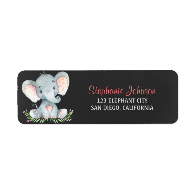 Chalkboard Watercolor Elephant Girl Returadress Etikett (Framsidan)