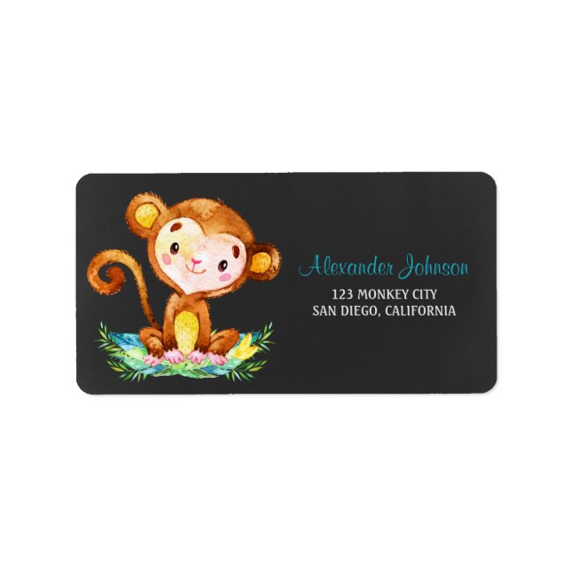Chalkboard Watercolor Monkey Boy Adressetikett (Framsidan)
