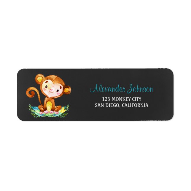 Chalkboard Watercolor Monkey Boy Returadress Etikett (Framsidan)