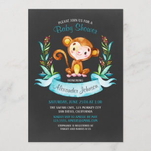 Chalkboard Watercolor Monkey Boy Shower Inbjudningar
