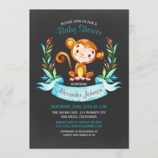 Chalkboard Watercolor Monkey Boy Shower Inbjudningar
