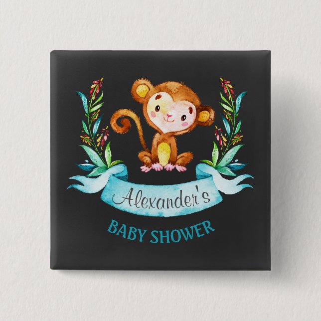 Chalkboard Watercolor Monkey Boy Shower Knapp (Framsida)