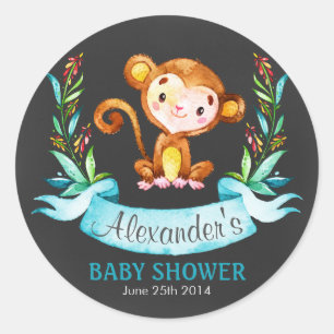Chalkboard Watercolor Monkey Boy Shower Runt Klistermärke