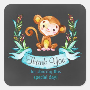 Chalkboard Watercolor Monkey Boy Tack Fyrkantigt Klistermärke