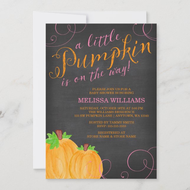 Chalkboard Watercolor Pumpkin Girl Baby Shower Inbjudningar (Framsida)