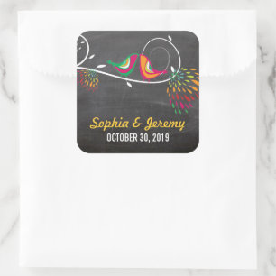 Chalkboard Whimsical Kissing Summer Birds Bröllop Fyrkantigt Klistermärke