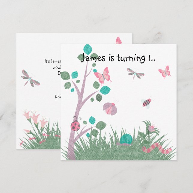 CHALKBOARD WHITE WOODLAND KRYP BUTTERFLIES BIRTHDA INBJUDNINGAR (Fram/baksida)