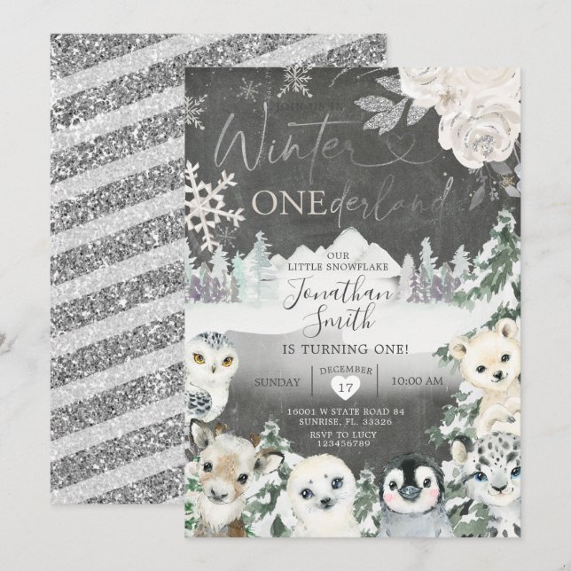 Chalkboard Winter Animal Onederland Birthday Inbjudningar (Fram/baksida)