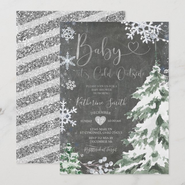Chalkboard Winter Kall Baby Shower Forest Silver Inbjudningar (Fram/baksida)