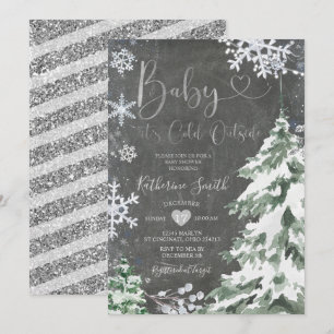 Chalkboard Winter Kall Baby Shower Forest Silver Inbjudningar