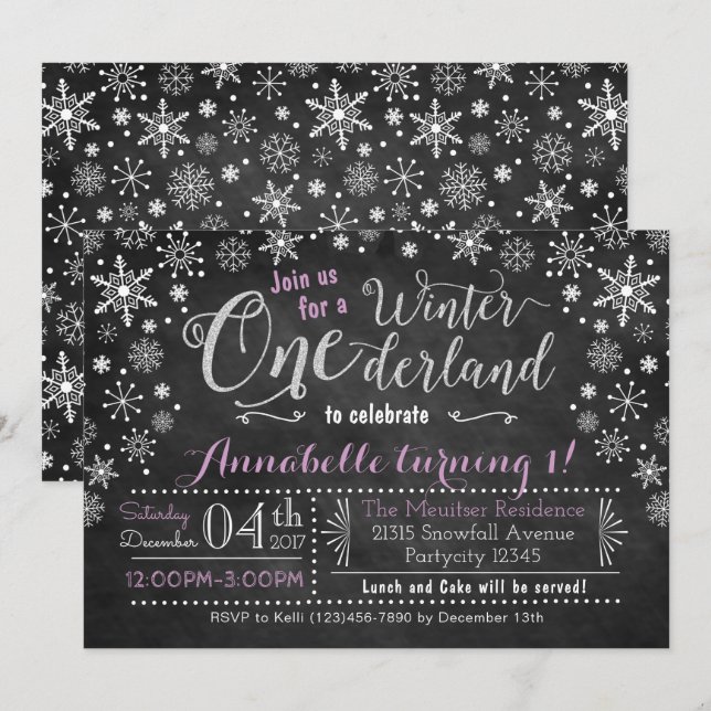 Chalkboard Winter ONEderland Birthday-inbjudan Inbjudningar (Fram/baksida)