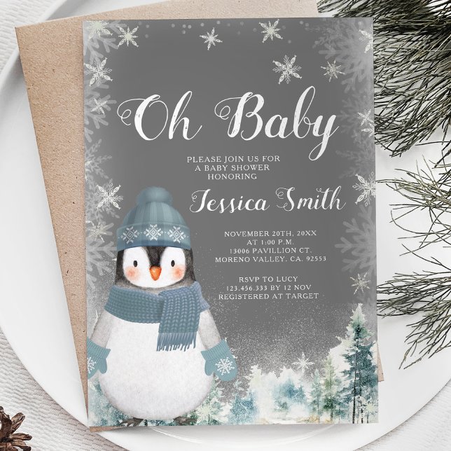 Chalkboard Winter Penguin Oh Baby Shower Forest Inbjudningar (Skapare uppladdad)