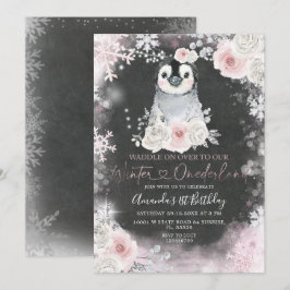 Chalkboard Winter Penguin Rosa Flowers Birthday Inbjudningar