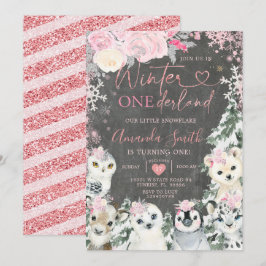 Chalkboard Winter Rosa Animal Onederland Birthday Inbjudningar