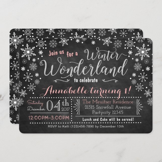 Chalkboard Winter Wonderland Birthday-inbjudan Inbjudningar (Fram/baksida)