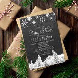 Chalkboard wonderland rustik vinterbabydusch inbjudningar<br><div class="desc">Mall för inbjudan till chic för babydusch i Rustic land stil med elegant med gräns av vitt snöflingor, fallande snö och gräs träd underlandslandskap på mörk-kol med kolkritbakgrund. Fyll i informationen på plats. Du kan välja att anpassa den ytterligare genom att ändra typsnitt och färg på text. — Inbjudan är...</div>