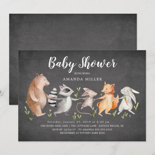 Chalkboard Woodland Animals Baby Shower-inbjudan Inbjudningar (Fram/baksida)