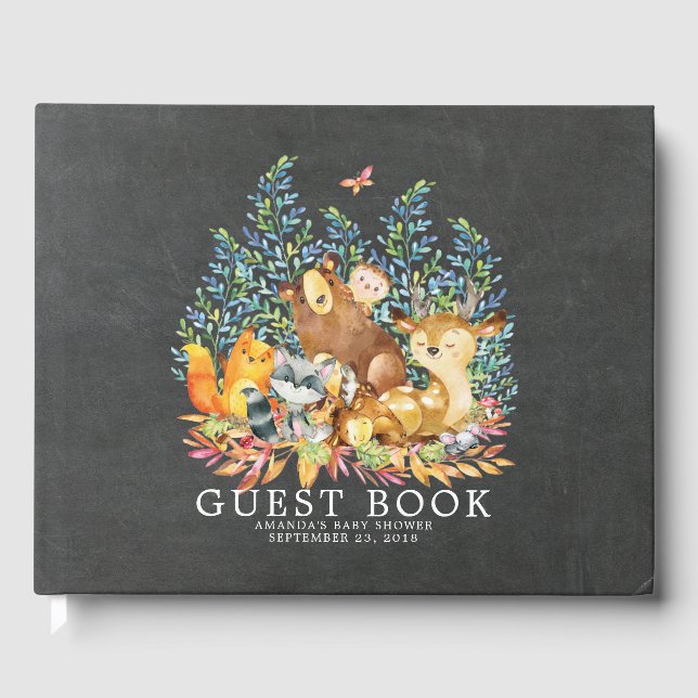 Chalkboard Woodland Baby Shower Guest Bok (Framsida)