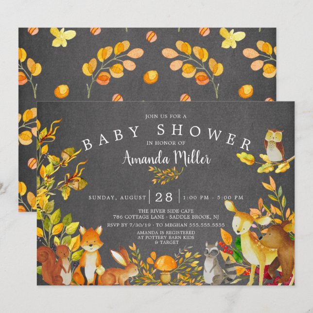 Chalkboard Woodland Forest Animals Baby Shower Inbjudningar (Fram/baksida)