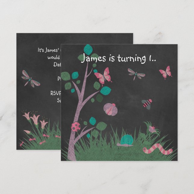 CHALKBOARD WOODLAND KRYP BUTTERFLIES BIRTHDAY INBJUDNINGAR (Fram/baksida)