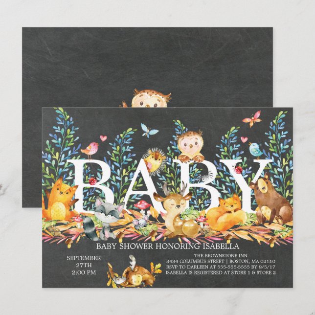 Chalkboard Woodland Neutralt Baby Shower-inbjudan Inbjudningar (Fram/baksida)