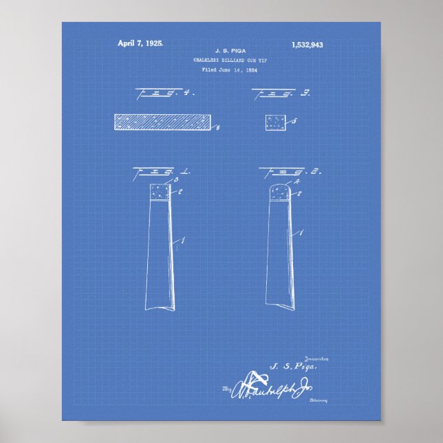 Chalkless Billiard Cue Tip 1925 - Blueprint Poster (Framsidan)