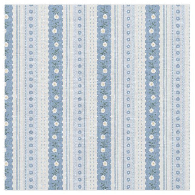 Chambray Blue Scallop Vine Floral Stripe Tyg (Närbild)