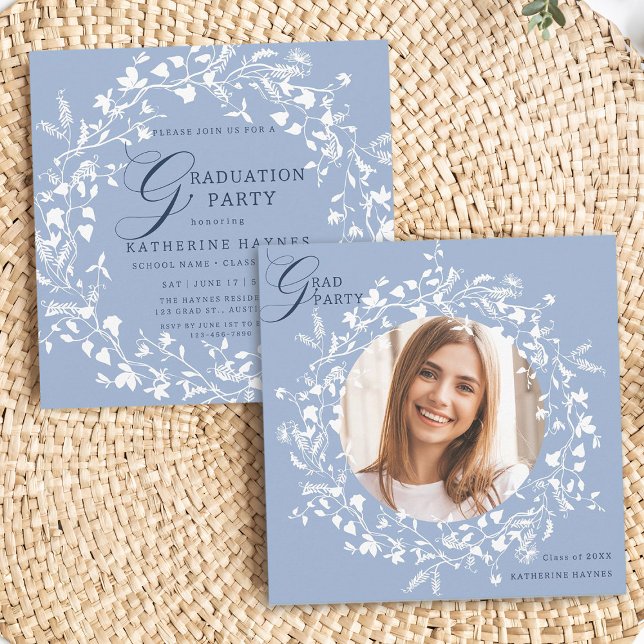 Chambray Blue White Wildblomme Wandesen Studenten Inbjudningar (Front & Back)