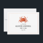 Chambray Crab Rustic Bröllop spara datum Spara Datumet<br><div class="desc">En rustik nautiska bröllop spara datum med en illustration av en röd krabba med grått och röd streck på framsidan. Baksidan har vattenfärgsmodell som inspirerat till design.</div>