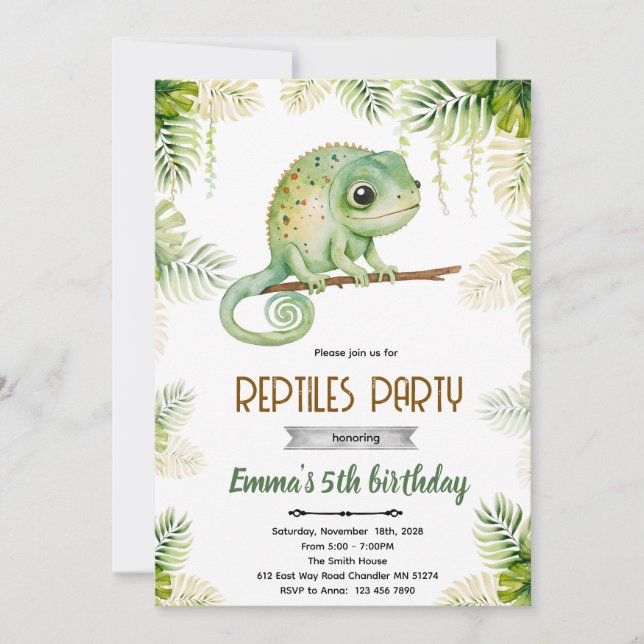 Chameleon birthday party invitation inbjudningar (Framsida)