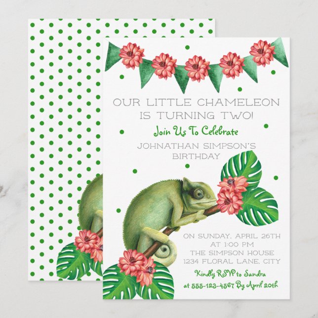 Chameleon-ödla andra födelsedag inbjudningar (Fram/baksida)