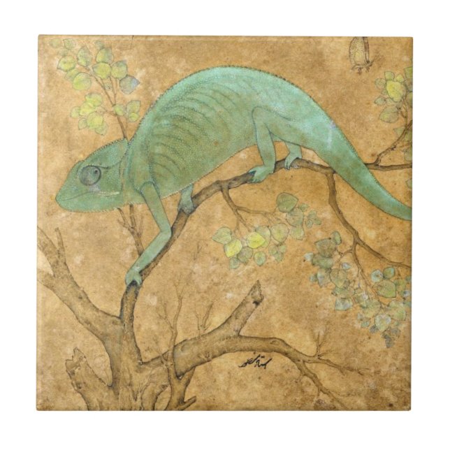 Chameleon (ödla) (Reptile) (Mughal Art) (asiatisk) Kakelplatta (Framsidan)