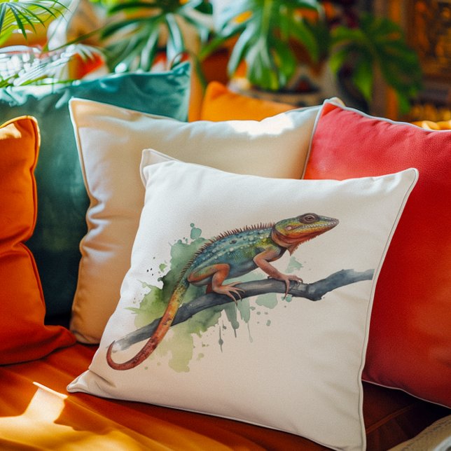 chameleon på ett gren vattenfärgsvibrerande färg kudde (Skapare uppladdad)