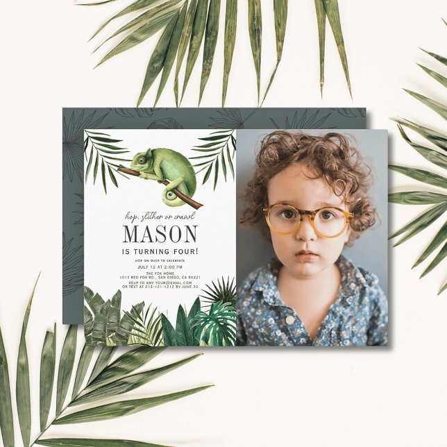Chameleon Reptile Boy White Birthday Photo Inbjudningar (Skapare uppladdad)
