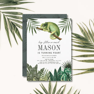 Chameleon Reptile Tropical Boy White Birthday Inbjudningar