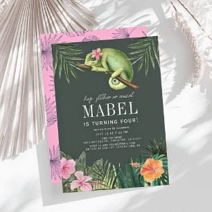 Chameleon Reptile Tropical Girl Grönt Birthday Inbjudningar