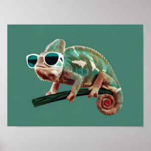 Chameleon Wearing Sunglasses on Solid Background Poster