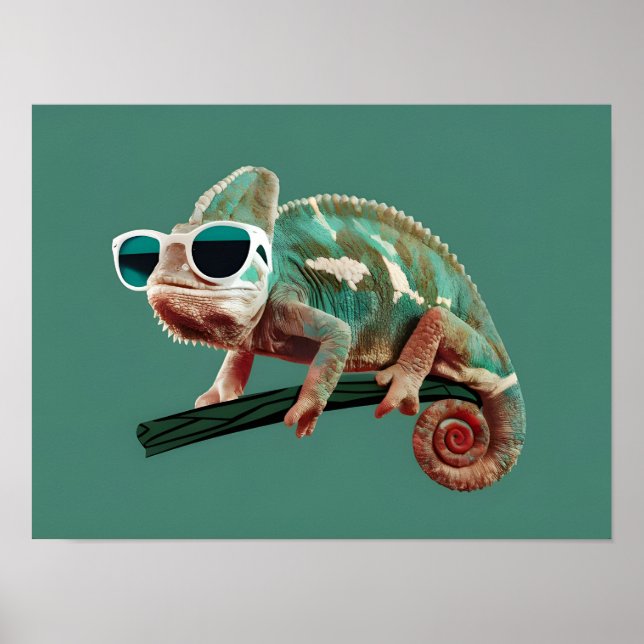 Chameleon Wearing Sunglasses on Solid Background Poster (Framsidan)