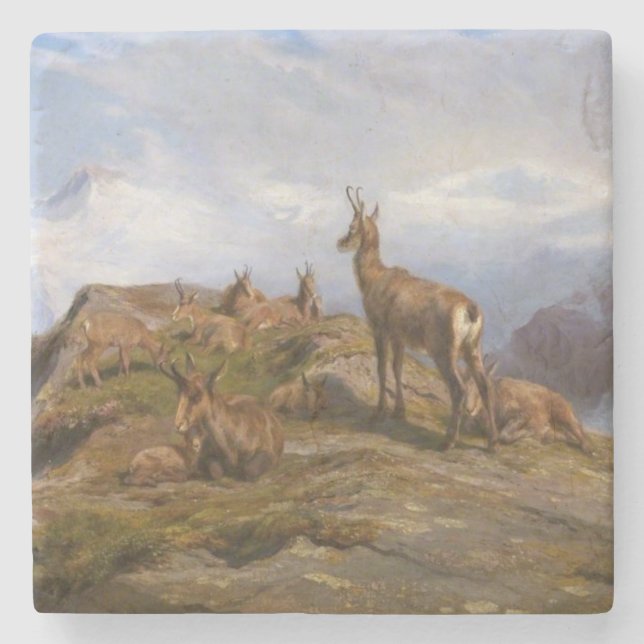 Chamois Goats i Franskens Alperna Mountain Range Stenunderlägg (Framsidan)