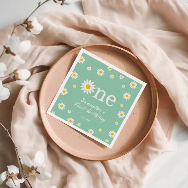 Chamomile Daisy Flower Elegant Grönt Birthday Pappersservett (Skapare uppladdad)