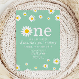 Chamomile Flower Watercolor Grönt First Birthday Inbjudningar