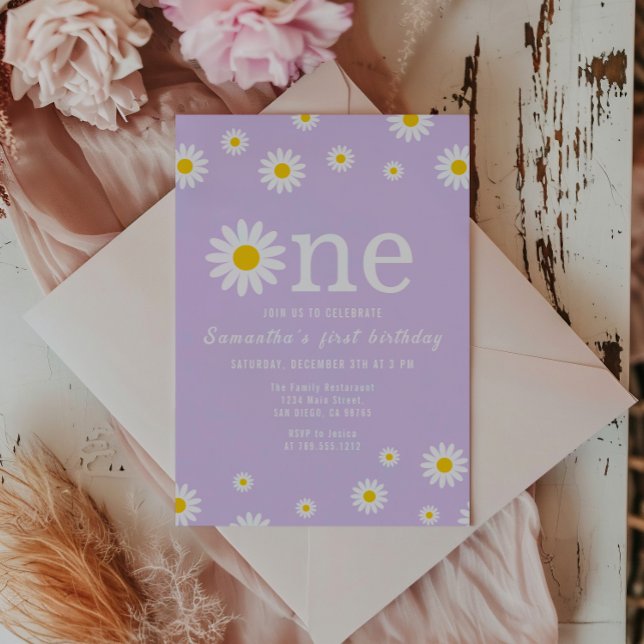 Chamomile Flower Watercolor Lila First Birthday Inbjudningar (Skapare uppladdad)