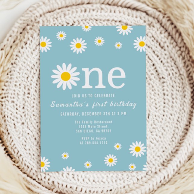 Chamomile Flower Watercolor Teal First Birthday in Inbjudningar (Skapare uppladdad)